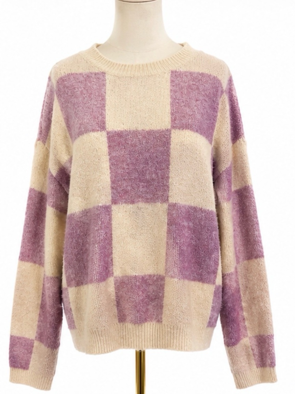 Easel Cream & Dusty Lavender Checkerboard Sweater Size S